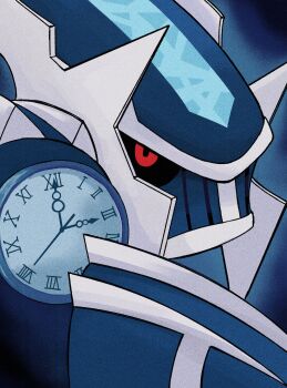 absurdres black_sclera blue_background close-up colored_sclera dialga from_side gen_4_pokemon highres holding holding_pocket_watch legendary_pokemon looking_at_viewer looking_to_the_side meme nintendo no_humans pocket_watch pointing pointing_at_object pokemon pokemon_(creature) pokemon_focus portrait red_eyes renmemberme roman_numeral v-shaped_eyes watch white_rabbit_pointing_at_a_clock_(meme)