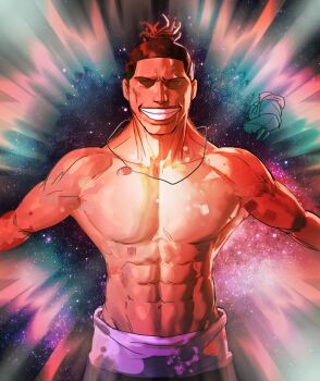 2boys abs biceps brown_hair closed_eyes closed_mouth collarbone cowboy_shot deltoids emphasis_lines facing_viewer forehead galaxy grin groin hair_pulled_back hieumay highres hip_bones itadori_yuuji jewelry jujutsu_kaisen large_pectorals lats lips locket male_focus multiple_boys muscular navel necklace nose outstretched_arms overexposure pectorals pendant purple_sash sash smile solo standing stomach straight-on teeth thick_neck topless_male toudou_aoi_(jujutsu_kaisen) trapezius v-taper yamcha_pose_(meme)