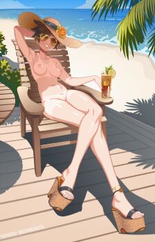 1girl arm_behind_head artist_name beach breasts brown_hair chair cleft_of_venus cloud crossed_legs drink flower grin hard-degenerate hat hat_flower highres looking_at_viewer medium_breasts navel nipples nude ocean outdoors overwatch palm_tree parted_lips platform_clogs pussy red_eyes sand shadow shoes short_hair sitting sky smile solo sunglasses table tan tanline teeth tracer_(overwatch) tree uncensored water