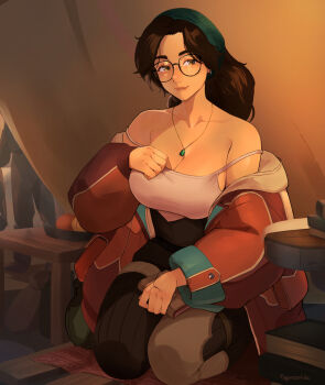 1girl alma_(monster_hunter_wilds) bandana black-framed_eyewear blush breasts brown_eyes brown_hair cleavage commentary english_commentary glasses green_bandana highres jacket jewelry large_breasts long_hair long_sleeves looking_at_viewer monster_hunter_(series) monster_hunter_wilds necklace smile solo squeezable_(squeezabledraws)