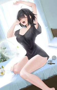 Rule 34 | 1girl, absurdres, arknights, arknights: endfield, arm up, barefoot, bedroom, black eyes, black hair, black shirt, blurry, blurry background, bottomless, breasts, changgong8745, chinese commentary, collarbone, commentary request, covered erect nipples, day, dragon bean (arknights), dutch angle, endministrator (arknights), feet, female endministrator (arknights), foot out of frame, highres, indoors, large variant set, looking at viewer, medium breasts, medium hair, on bed, one eye closed, open mouth, perlica (arknights), shirt, sidelocks, solo, thighs, toes, variant set, watch, wristwatch, yawning