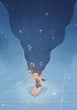 1girl absurdly_long_hair absurdres aris_(blue_archive) bare_arms bare_legs bare_shoulders barefoot blue_archive blue_eyes blue_hair blue_one-piece_swimsuit clock commentary english_commentary flat_chest highres holding_breath holding_clock long_hair one-piece_swimsuit one_eye_closed pool rou_(rou22) seiza sitting solo swimsuit underwater very_long_hair