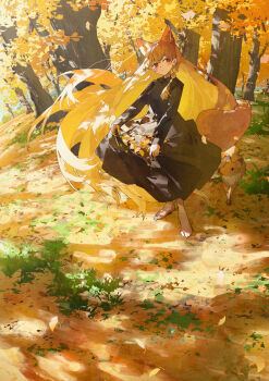 1girl animal_ears autumn barefoot black_dress blush closed_mouth commentary_request day dress fox fox_ears fox_girl fox_tail full_body highres leaf long_hair long_sleeves orange_hair original outdoors potg_(piotegu) red_eyes skirt_hold solo standing tail
