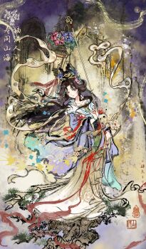 1girl absurdres artist_name black_eyes black_hair bracelet chinese_text closed_mouth faux_traditional_media flower full_body hair_bun hair_flower hair_ornament highres holding holding_lantern ink_wash_painting jewelry jiu_niangzi jiu_niangzi_(blossom_spring_fairy) lantern long_hair long_skirt looking_at_viewer mountain official_alternate_costume parted_bangs pine_tree pink_flower purple_flower purple_hanfu reverse:1999 seal_impression seal_script sijiu_49 skirt smile solo standing tree unfinished very_long_hair wide_sleeves yellow_skirt