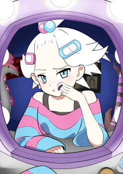 1girl absurdres applying_makeup bare_shoulders bass_guitar blue_eyes closed_mouth commentary_request eyelashes freckles gen_5_pokemon hair_bobbles hair_ornament hairclip harubaru_(yucm2375) highres indoors instrument long_sleeves mirror nintendo pokemon pokemon_(creature) pokemon_bw2 roxie_(pokemon) scolipede striped_clothes topknot white_hair