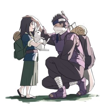 2boys animal backpack bag covered_mouth forehead_protector full_body h0dongkang haku_(naruto) hand_on_another&#039;s_head highres holding holding_animal holding_rabbit kirigakure_symbol looking_at_another male_focus medium_hair momochi_zabuza multiple_boys naruto_(classic) naruto_(series) pants rabbit shirt short_hair smile sword sword_on_back weapon weapon_on_back white_background