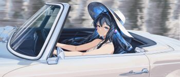 1girl absurdres alternate_costume animal_ears arknights astesia_(arknights) bare_shoulders bird_ears blue_eyes blue_hair bright_pupils car convertible driving hat highres immeasurable long_hair looking_at_viewer mercedes-benz motor_vehicle shirt smile solo white_hat white_pupils white_shirt wide_brim