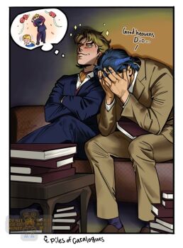 2boys blonde_hair blue_hair book commentary dio_brando formal_clothes imagining inseki jojo_no_kimyou_na_bouken jonathan_joestar male_focus multiple_boys phantom_blood shoes sitting smile socks speech_bubble suit table thought_bubble tmblyeet yaoi