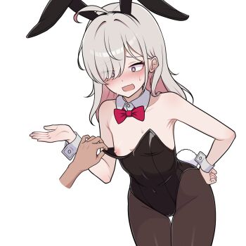 Rule 34 | 1girl, ahoge, animal ears, bare shoulders, black leotard, black pantyhose, blush, bow, bowtie, closed eyes, closed mouth, commentary request, disembodied hand, embarrassed, fake animal ears, fake tail, flat chest, hair over one eye, hand on own hip, headband, highres, kumada gaon, leotard, nipples, original, pantyhose, playboy bunny, rabbit tail, red bow, red bowtie, standing, tail, white background, wrist cuffs