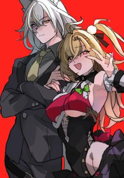 Rule 34 | 1boy, 1girl, ahoge, animal ear fluff, animal ears, armpits, bare shoulders, black jacket, black pants, blonde hair, bow, breasts, cat boy, cat ears, catxmata, cissia (zenless zone zero), cleavage, closed mouth, commentary request, covered navel, crossed arms, crossed bangs, detached sleeves, fingernails, green bow, grey hair, grey shirt, hair between eyes, highres, holding another's arm, jacket, long hair, looking at viewer, medium breasts, necktie, open mouth, pants, purple nails, red background, red eyes, severian lowell, shirt, simple background, snake, underboob, v, white snake, yellow eyes, yellow necktie, zenless zone zero