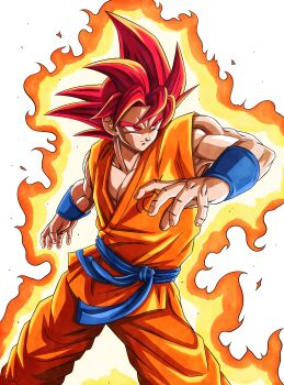 Rule 34 | 1boy, absurdres, aura, blue sash, commentary, cowboy shot, dragon ball, dragon ball super, dragon ball z, dragon ball z fukkatsu no f, dragonball z, english commentary, highres, male focus, medium hair, muscular, muscular male, orange pants, orange tunic, pants, red eyes, red hair, roub3d, sash, simple background, solo, son goku, spiked hair, super saiyan, super saiyan god, tunic, white background