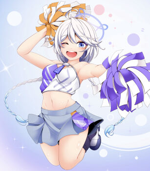 alternate_costume alternate_hair_length alternate_hairstyle blue_archive blue_eyes blue_halo blue_skirt braid cheerleader halo highres kagayai_akira kirino_(blue_archive) long_hair navel one_eye_closed open_mouth pom_pom_(cheerleading) skirt smile thighs twin_braids very_long_hair white_hair
