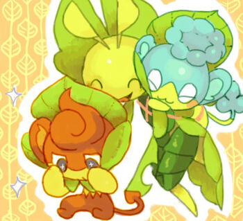 blush closed_eyes gen_5_pokemon leavanny nintendo no_humans open_mouth panpour pansear pokemon pokemon_(creature) simple_background sitting smile