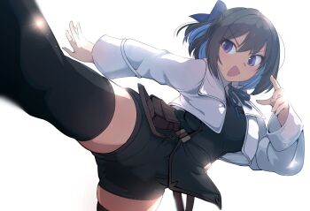 1girl aroha_j belt black_hair black_shorts blue_eyes blue_ribbon bow commentary_request hair_bow highres long_sleeves looking_at_viewer open_mouth pixiv_fantasia pixiv_fantasia_scepter_of_zeraldia ribbon shirt short_hair shorts smile solo thighhighs toryce_meismei white_background white_shirt