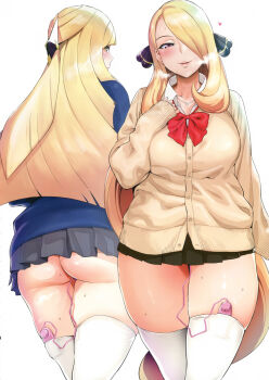 2girls absurdres alternate_breast_size alternate_costume ass black_skirt blonde_hair breasts cardigan colored_skin controller cynthia_(pokemon) discreet_vibrator from_behind green_eyes grey_eyes grey_skirt gyaru hair_ornament hair_over_one_eye half-closed_eyes hand_on_own_chest heart heavy_breathing highres ikuchan_kaoru jewelry kogal large_breasts long_hair long_sleeves looking_at_viewer looking_back lusamine_(pokemon) mature_female miniskirt multicolored_skin multiple_girls naughty_face necklace necktie nintendo pleated_skirt pokemon pokemon_dppt pokemon_sm red_necktie remote_control remote_control_vibrator school_uniform serafuku sex_toy simple_background skindentation skirt smile sweat thick_thighs thighhighs thighs very_long_hair vibrator vibrator_cord vibrator_in_thighhighs vibrator_under_clothes white_background white_thighhighs zettai_ryouiki