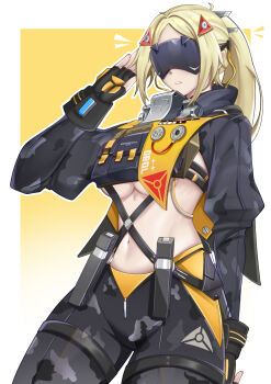 1girl black_gloves black_pants blindfold_mask blonde_hair breasts camouflage commentary covered_eyes english_commentary fingerless_gloves gloves hair_ornament highres jacket large_breasts long_hair mask navel no1rsaki pants ponytail solo trigger_(zenless_zone_zero) zenless_zone_zero