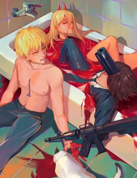 Rule 34 | assault rifle, bathtub, black necktie, blonde hair, blood, blood on hands, brown hair, chainsaw man, closed eyes, commentary, denji (chainsaw man), english commentary, formal clothes, gun, gun devil (chainsaw man), hair between eyes, hayakawa aki, highres, horns, kiunchiku, meowy (chainsaw man), necktie, pool of blood, power (chainsaw man), pull cord, red horns, rifle, spoilers, suit, toned, toned male, topless male, weapon, yellow eyes