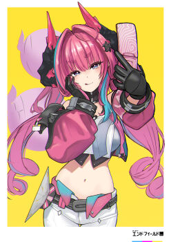 Rule 34 | absurdres, arknights, arknights: endfield, black gloves, blue eyes, blue hair, breasts, cellphone, commentary request, detached sleeves, dragon girl, dragon horns, flip phone, fmg, gloves, highres, horns, large breasts, licking lips, midriff, multicolored gloves, pants, phone, pink gloves, pink hair, tongue, tongue out, twintails, two-tone gloves, white pants, yvonne (arknights)