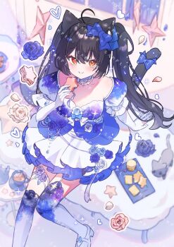 1girl ahoge animal animal_ears bare_shoulders black_hair blue_bow blue_dress blue_flower blue_rose blue_sleeves blue_thighhighs blush bow breasts cat cat_ears cat_girl cat_tail cherimu_(vtuber) closed_mouth commentary_request commission detached_sleeves dress elbow_gloves flower foot_out_of_frame frilled_sleeves frills garter_straps gloves grey_cat hair_between_eyes hair_bow heart high_heels indie_virtual_youtuber large_breasts long_hair looking_at_viewer orange_eyes rose sample_watermark shoes short_sleeves sitting skeb_commission smile solo strapless strapless_dress tail tail_bow tail_ornament thighhighs tsukumi_bis twintails virtual_youtuber watermark watermark_grid white_gloves white_shoes