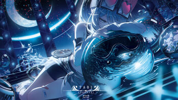 1girl absurdres arahashi_tabi bandaid bandaid_on_leg bare_shoulders black_shorts blue_eyes blue_hair blue_nails bubble commentary_request detached_sleeves flower goggles goggles_on_head highres leg_warmers long_hair long_sleeves lying mirrorapo_yemp moon nail_polish navel night night_sky on_side orb shoes shorts sky sleeveless solo speaker stage stage_lights star_(sky) stellive striped_leg_warmers virtual_youtuber water white_flower y2k_fashion