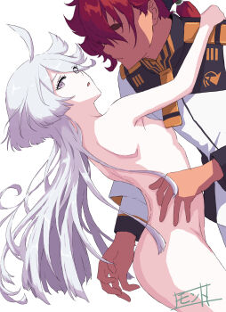 2girls ahoge asticassia_school_uniform breasts clothed_female_nude_female commentary_request completely_nude grey_eyes gundam gundam_suisei_no_majo hand_on_another&#039;s_waist highres jacket long_hair miorine_rembran monto_(user_dmde2437) multiple_girls nude parted_lips ponytail red_hair school_uniform simple_background small_breasts smile suletta_mercury thick_eyebrows white_background white_hair white_jacket yuri
