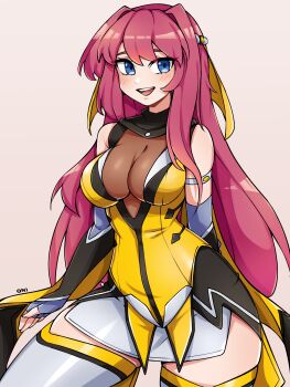 1girl absurdres bare_shoulders blue_eyes blush breasts choukou_(alicesoft) choukou_sennin_haruka cleavage cosplay cowboy_shot double-parted_bangs dress elbow_gloves fingerless_gloves gloves grey_gloves highres large_breasts long_hair looking_at_viewer oninuer open_mouth original pink_hair see-through_cleavage see-through_clothes simple_background smile solo takamori_haruka takamori_haruka_(cosplay) thighhighs white_background white_thighhighs yellow_dress