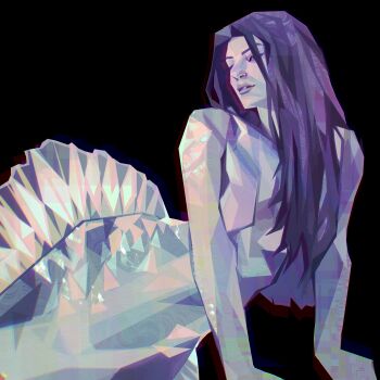 1girl absurdres black_background commentary covered_erect_nipples hair_over_one_eye hair_over_shoulder head_tilt highres long_hair looking_to_the_side mermaid monster_girl nude original painterly parted_lips purple_eyes purple_hair ribs simple_background solo symbol-only_commentary twulfs