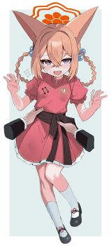 1girl animal_ears black_shoes blue_archive blush braid braided_hair_rings breasts brown_hair china_dress chinese_clothes commentary_request crossed_bangs disembodied_hand dress fox_ears full_body hair_between_eyes hair_bobbles hair_ornament hair_rings halo highres izuoku kneehighs long_hair looking_at_viewer open_mouth puffy_short_sleeves puffy_sleeves purple_eyes red_dress rumi_(blue_archive) rumi_(small)_(blue_archive) shoes short_sleeves small_breasts smile socks solo_focus