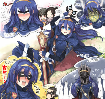 artist_request blue_eyes blue_hair blush dc_comics dick_grayson domino_mask eye_mask fire_emblem fire_emblem_awakening lucina_(fire_emblem) mask nightwing nintendo sword text_focus translation_request weapon