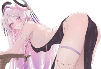 Rule 34 | 1girl, absurdres, alternate costume, bare shoulders, bent over, black dress, blue eyes, blush, body markings, braid, breasts, citlali (genshin impact), commentary, dress, english commentary, facial mark, floating headgear, forehead mark, from side, genshin impact, hair intakes, half-closed eyes, headgear, highres, long hair, looking at viewer, looking to the side, medium breasts, no bra, no panties, open mouth, paid reward available, parted bangs, pink hair, pink pupils, sideboob, simple background, solo, thighs, triangle, triangle facial mark, twin braids, vitaminechan, white background