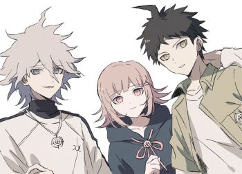 ahoge alternate_costume black_hoodie brown_hair brown_shirt collarbone danganronpa_(series) danganronpa_2:_goodbye_despair grey_hair grin hair_between_eyes hinata_hajime hood hood_down hoodie komaeda_nagito medium_hair messy_hair nanami_chiaki open_clothes open_shirt pink_eyes shirt sho_(molo_bht) short_hair simple_background smile sweater teeth white_background white_shirt white_sweater