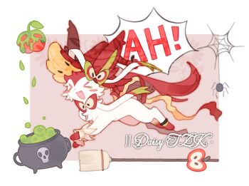 Rule 34 | > <, alternate color, alternate shiny pokemon, animal focus, apple, blush stickers, border, bow, broom, bug, cauldron, chinese commentary, commentary request, commission, fang, food, fruit, full body, gen 6 pokemon, hat, kamier586, nintendo, no humans, open mouth, original, pokemon, pokemon (creature), pokemon focus, red background, red hat, ribbon, running, silk, simple background, smile, solo, spider, spider web, sylveon, watermark, white border, witch hat, wrist cuffs