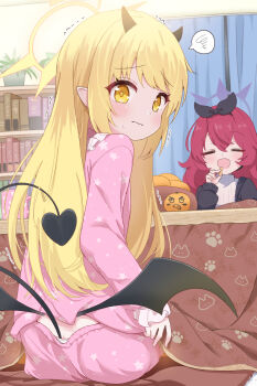 2girls blonde_hair blue_archive commentary_request demon_horns demon_wings food fruit halo highres horns ibuki_(blue_archive) iroha_(blue_archive) kotatsu loli long_hair mandarin_orange mikumiku37 multiple_girls pajamas pointy_ears red_hair table tail wings yellow_eyes yellow_halo