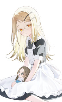1girl absurdres alternate_costume apron bespectacled black_dress blonde_hair blush catch_(catch9030) character_doll chibigurumi closed_mouth collared_dress colored_eyelashes commentary_request contrast_collar doll dress enmaided feet_out_of_frame flipped_hair frilled_apron frills gakuen_idolmaster glasses gradient_hair grey_hair hair_ornament hairclip highres holding holding_doll idolmaster kuramoto_china long_hair looking_at_viewer maid maid_apron multicolored_hair orange_eyes parallel_hairclips parted_bangs puffy_short_sleeves puffy_sleeves round_eyewear shinosawa_hiro short_sleeves simple_background sitting smile solo wariza white_apron white_background