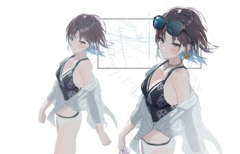 1girl asakura_toru blue-tinted_eyewear blue_hair colored_inner_hair commentary_request glasses highres idolmaster idolmaster_shiny_colors jewelry multicolored_hair necklace short_hair solo sunglasses swimsuit tinted_eyewear uouokuma