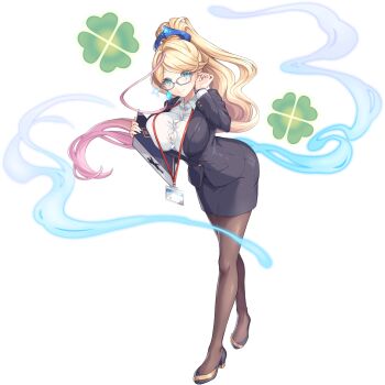 1girl artist_request black_pantyhose blonde_hair breast_press breasts buttons cleavage clover earrings four-leaf_clover four-pointed_star full_body game_asset glasses hand_on_own_ear high_heels highres id_card jewelry large_breasts legend_clover long_hair long_sleeves nadia_(legend_clover) official_alternate_costume official_art pantyhose single_earring solo third-party_source transparent_background