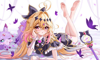 1girl absurdres aichinaigai alternate_breast_size_(larger) antenna_hair barefoot black_capelet black_dress blonde_hair breasts capelet chinese_commentary commentary_request cure_arcana_shadow dress feet hair_intakes highres large_breasts long_hair looking_at_viewer lying magical_girl meitantei_precure! moria_luluka on_stomach precure purple_eyes purple_veil soles staff tear_arcana_rod the_pose the_psiioniic toes veil very_long_hair