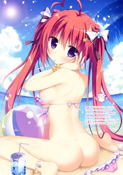 1girl ahoge ass ball bare_shoulders barefoot beach beachball between_toes bikini blue_sky blush bottomless breasts cloud cup day dimples_of_venus drink drinking_straw feet female_focus frilled_bikini frills from_behind hair_between_eyes hair_ribbon hand_on_own_cheek hand_on_own_face hand_up heart heart_ahoge highres horizon ice ice_cube lens_flare liquid long_hair looking_back medium_breasts mouth_hold natsuiro_kokoro_log ocean outdoors page_number palm_tree pink_bikini red_hair ribbon sand scan shiny_skin shiromochi_sakura shore shoulder_blades sideboob sitting sky soles solo sparkle string_bikini summer sun sunlight sweatband swimsuit tareme text_focus toes tokiwa_kuon translation_request tree twintails unworn_bikini_bottom very_long_hair wariza water white_ribbon