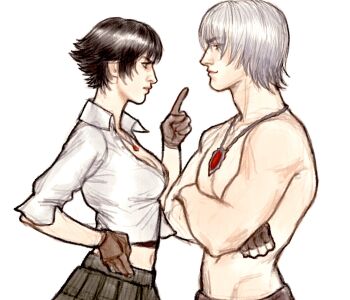Rule 34 | 1boy, 1girl, assertive female, black hair, commentary, cyanorhis, dante (devil may cry), devil may cry, devil may cry (series), devil may cry 3, english commentary, highres, lady (devil may cry), messy hair, shirt, skirt, striped clothes, striped shirt, toned, toned male, topless male, white hair