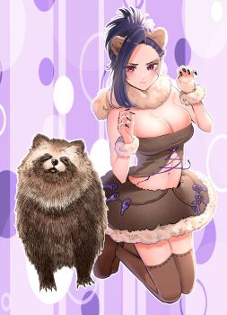 1girl akino_sayuri animal animal_ear_hairband animal_ears asymmetrical_bangs bare_shoulders black_nails blush breasts brown_shirt brown_shoes brown_thighhighs cleavage closed_mouth commentary_request cropped_shirt dosanko_gal_wa_namaramenkoi facial_mark fake_animal_ears fingernails forehead full_body fur-trimmed_skirt fur_scarf fur_trim hairband hands_up highres ikada_kai long_fingernails looking_at_viewer medium_hair nail_polish navel paw_pose pout purple_eyes purple_hair raccoon_ears sharp_fingernails shirt shoes skirt strapless strapless_shirt tall_hair tanuki thighhighs