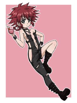 Rule 34 | 1girl, alcohol, alternate costume, beer, beer mug, black bra, black panties, blue eyes, blush, bra, breasts, cranberry (girls und panzer), eyeshadow, girls und panzer, hand on own hip, kuromorimine military uniform, looking at viewer, makeup, messy hair, military uniform, mug, navel, open mouth, panties, pink background, red hair, short hair, simple background, small breasts, solo, takahashi kurage, underwear