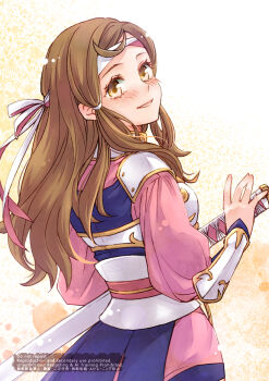 1girl arm_guards armor breasts brown_eyes brown_hair ebi_puri_(ebi-ebi) fire_emblem fire_emblem_fates from_behind hana_(fire_emblem) headband highres japanese_armor japanese_clothes katana long_hair looking_at_viewer medium_breasts nintendo samurai smile solo sword weapon