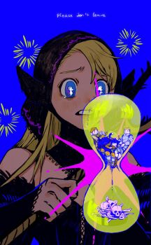 2girls 3boys ambrosia_(dungeon_meshi) armor bare_shoulders black_beard black_dress blonde_hair blue_background bone brown_hair cat_girl cat_tail chilchuck_tims clenched_teeth commentary dress dungeon_meshi ear_covers elf english_text fake_horns helmet highres holding holding_staff horned_helmet horns hourglass izutsumi laios_touden long_hair marcille_donato marcille_donato_(lord) multiple_boys multiple_girls pointy_ears senshi_(dungeon_meshi) short_hair skull spoilers staff symbol-only_commentary tail tearing_up teeth xiaoarts