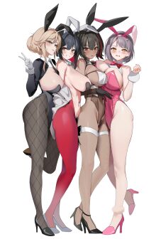 4girls absurdres ade_(nikke) animal_ears bay_(nikke) black_hair black_leotard black_pantyhose blush braid breasts brown_hair collar commentary english_commentary fake_animal_ears full_body goddess_of_victory:_nikke grey_hair grin hair_between_eyes hair_bun hido_(cherryhido) high_heels highres large_breasts leotard looking_at_viewer milk_(nikke) multiple_girls open_mouth pantyhose pink_leotard playboy_bunny ponytail rabbit_ears red_pantyhose reverse_bunnysuit reverse_outfit rouge_(nikke) sidelocks simple_background smile standing white_background