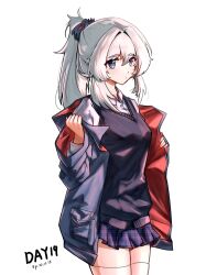 Rule 34 | 1girl, absurdres, alternate costume, arknights, black jacket, black skirt, black sweater vest, commentary request, dated, gaoling gangqin, grey eyes, highres, jacket, long hair, looking at viewer, mulberry (arknights), multicolored clothes, multicolored jacket, open clothes, open jacket, pleated skirt, red jacket, shirt, skirt, solo, sweater vest, thighhighs, two-tone jacket, very long hair, white hair, white shirt, white thighhighs, zettai ryouiki