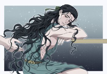 1boy 1other absurdres androgynous animification aqua_background aqua_tunic black_hair border bow braid gradient_background green_bow green_eyes hair_bow hand_in_another&#039;s_hair hashtag-only_commentary highres iiia_puhiii loki_(marvel) long_hair looking_to_the_side male_focus marvel muscular muscular_male parted_lips side_braid sitting solo_focus thor_(marvel)_(series) tunic white_border