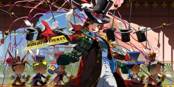 1girl 5boys :d absurdres ace_attorney animal_ears apollo_justice bird black_coat blonde_hair blue_eyes blue_shirt bow brown_hair cane chibi coat confetti crown drum drumsticks english_text epaulettes gloves hat highres holding holding_instrument holding_ticket incoming_gift instrument jacket klavier_gavin long_sleeves looking_at_viewer magician marching miles_edgeworth multiple_boys music necktie nicedreamplz open_mouth pants phoenix_wright playing_instrument pointing pointing_at_viewer puppet rabbit rabbit_ears red_gloves scarf shako_cap shirt short_hair smile solo_focus streamers string teeth throwing throwing_confetti ticket top_hat trucy_wright upper_teeth_only vest white_pants