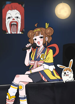 1boy 1girl absurdres afro ahoge animal_costume back_ribbon badge bandaid bandaid_on_leg bereal black_eyes black_skirt blush_stickers bow bowtie bracelet brown_hair button_badge clown crossed_legs double_bun facepaint fan_screaming_at_madison_beer_(meme) furisode_sleeves hair_bun hair_ornament hairband half-closed_eyes hamster highres holding holding_microphone imadake_dabuchi_tabemi imadake_dabuchi_tabesuke imadake_tsukimi_tabemi japanese_clothes jewelry kanzashi kimono mcdonald&#039;s meme microphone moon music okobo open_mouth pink_bow pink_bowtie pink_sash platform_sandals rabbit_costume red_hair ronald_mcdonald sandals sash short_sleeves shouting singing sitting skirt socks striped_clothes striped_kimono tenten_(chan4545) vertical-striped_clothes vertical-striped_kimono white_socks yellow_hairband yellow_happi