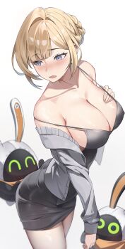 1girl absurdres bangboo_(zenless_zone_zero) black_dress blonde_hair braid braided_bun breasts cardigan cleavage closed_eyes collarbone dress elise_(wdsm2344) eous_(zenless_zone_zero) evelyn_chevalier eyebrows_hidden_by_hair grey_cardigan hair_bun hand_on_own_chest highres large_breasts long_hair looking_to_the_side open_cardigan open_clothes open_mouth purple_eyes standing strap_slip sweat thighs white_background zenless_zone_zero