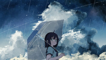 1girl ahoge black_hair black_neckerchief black_sailor_collar blue_eyes blunt_bangs bright_pupils closed_mouth cloud commentary_request contrail cumulonimbus_cloud from_side highres holding holding_umbrella kafumi looking_back medium_hair neckerchief original rain sailor_collar sailor_shirt scenery shirt short_sleeves sky solo star_(sky) starry_sky transparent transparent_umbrella umbrella white_pupils white_shirt wide_shot